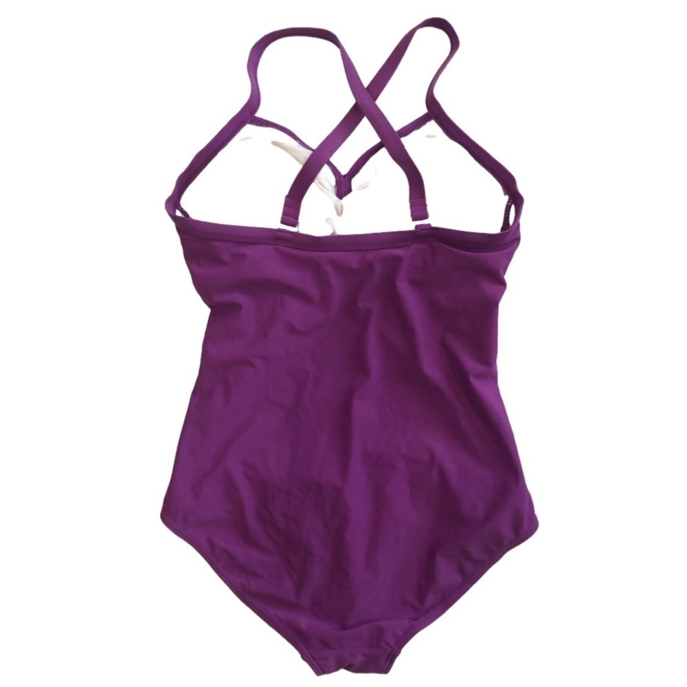 Cabana Beach Size M(12) purple one piece swimsuit. Ruching crisscross straps - Picture 2 of 10